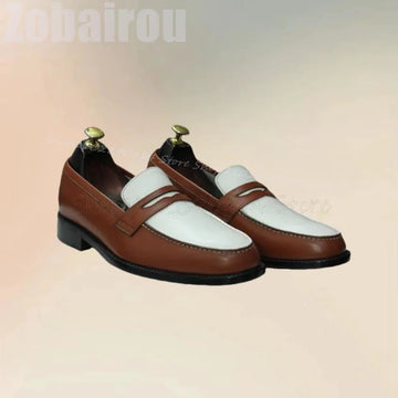 Brown & White Sewing Design Matte Leather Loafers for Men