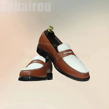 Brown & White Sewing Design Matte Leather Loafers for Men